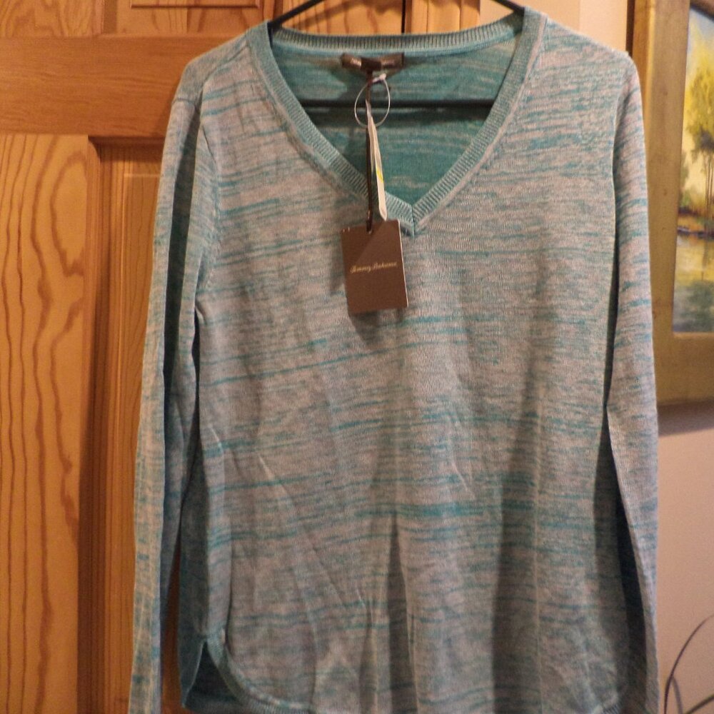 TOMMY BAHAMA V-Neck Sweater ~ Soft Green + White~Long Sleeves NEW with TAGS~$128